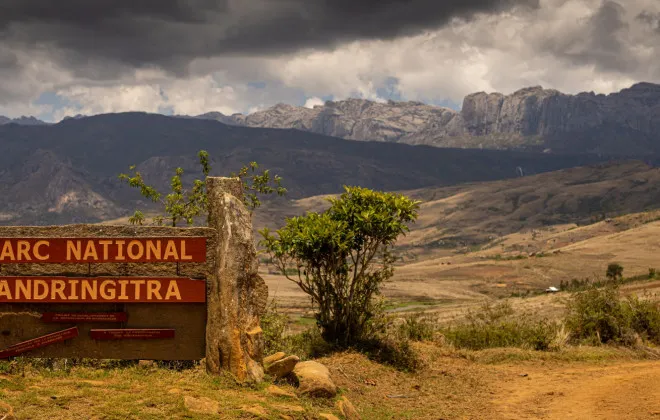 Andringitra National Park sign infront of mountains
